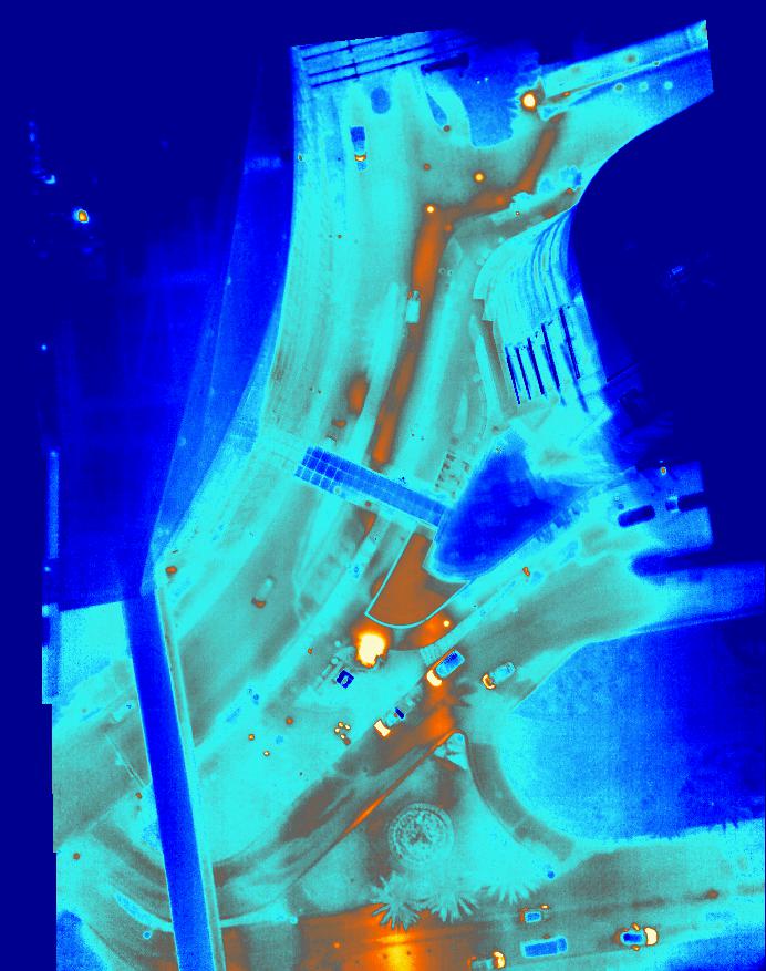 Infrared thermal imaging composite showing building heat signatures